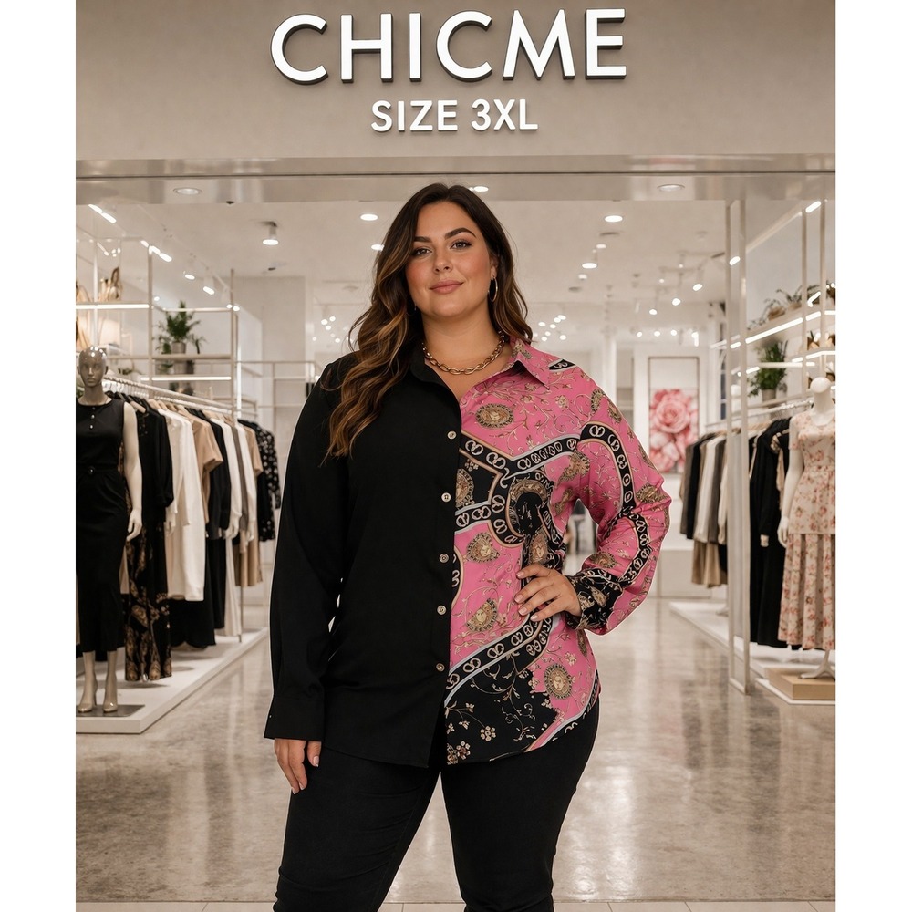 ChicMe Womens 3XL Split Baroque‎ Print Button Down Blouse Black Pink Two Tone